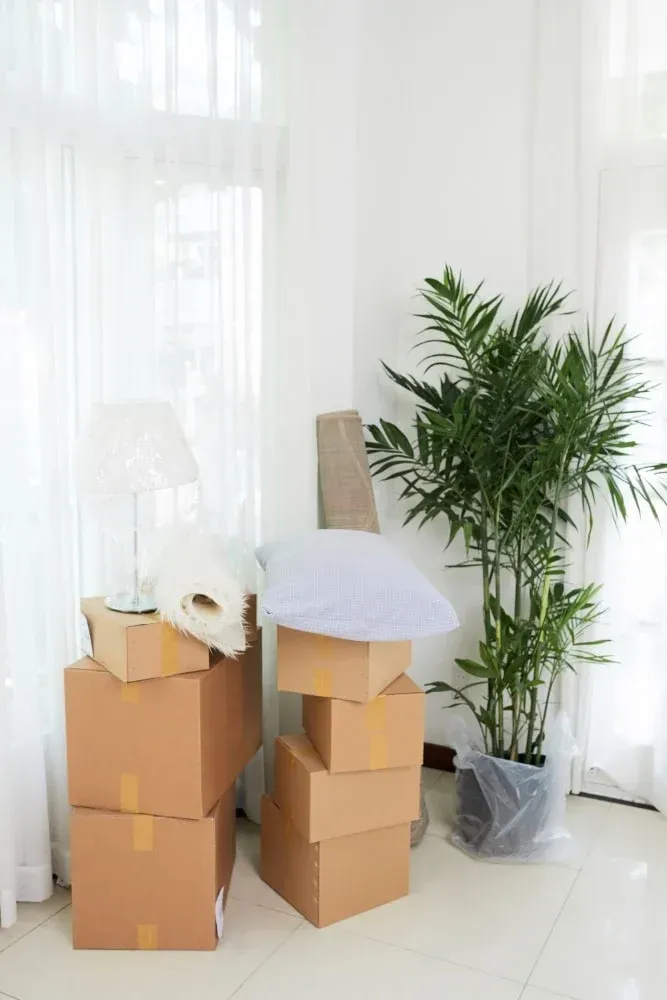 Stacked and taped moving boxes packed and ready in a bright room