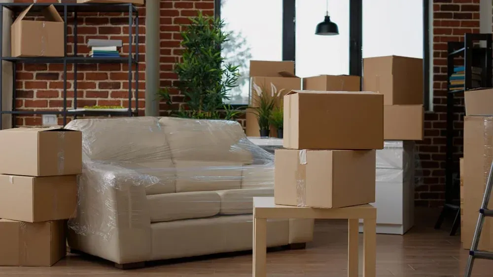 Living room mid-move with a plastic-wrapped sofa and stacked packing boxes