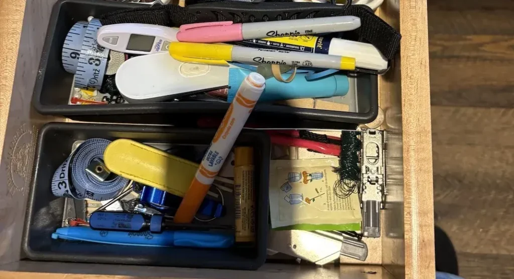 messy kitchen junk drawer before organizing, Winchester VA