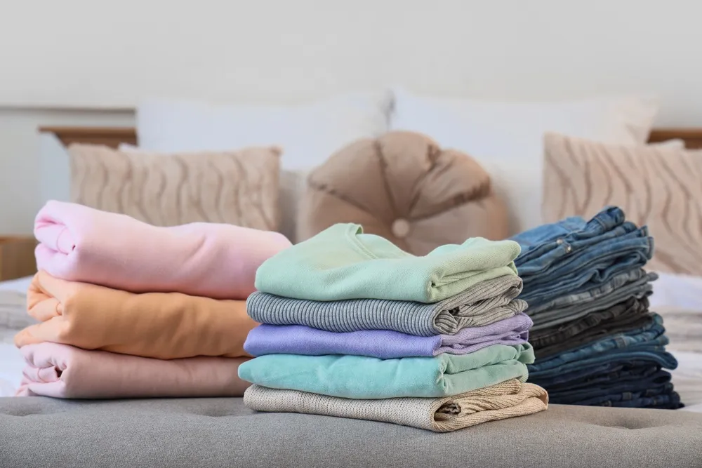 Clothes sorted into keep, donate, sell, and toss piles during a closet declutter